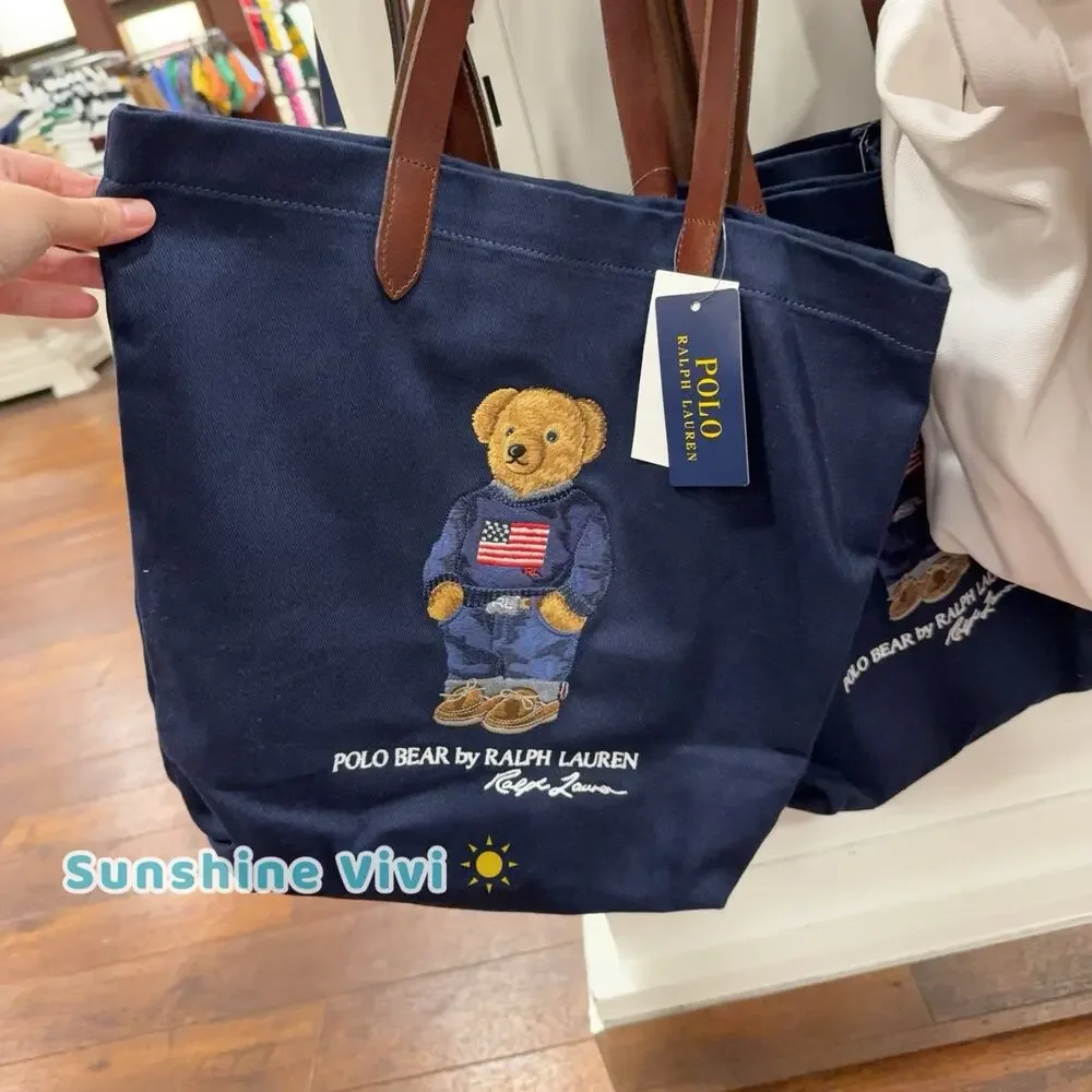 NWT Polo Ralph Lauren Cotton Embroidered American Bear Tote Bag Canvas Navy